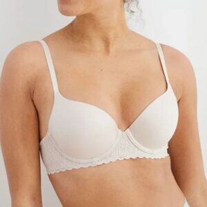 Aerie Light Beige Sunnie Full Coverage Lightly Lined Blossom Lace Trim Bra